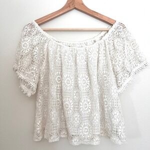Hollister Off Shoulder Lace Crochet Pom Pom Boho Festival Crop Top Womens  Large